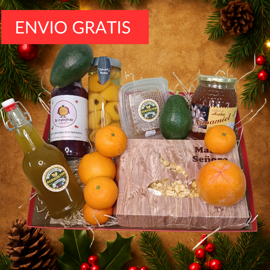 Cesta Gourmet “Sabores Valencianos” con fruta variada.